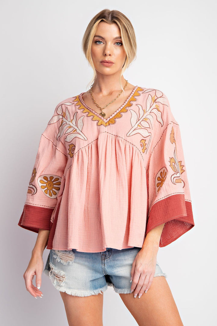 Easel Embroidery Detailing Cotton Gauze Babydoll Woven Top