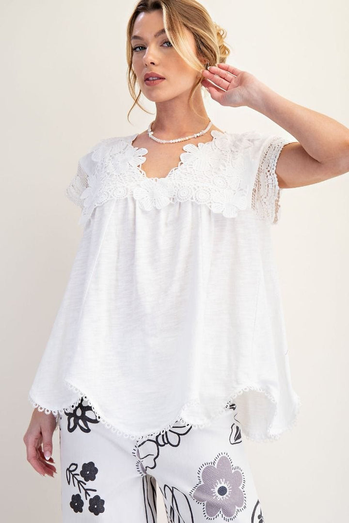 Easel Floral Lace Detailed Collar Cotton Slub Knit Top