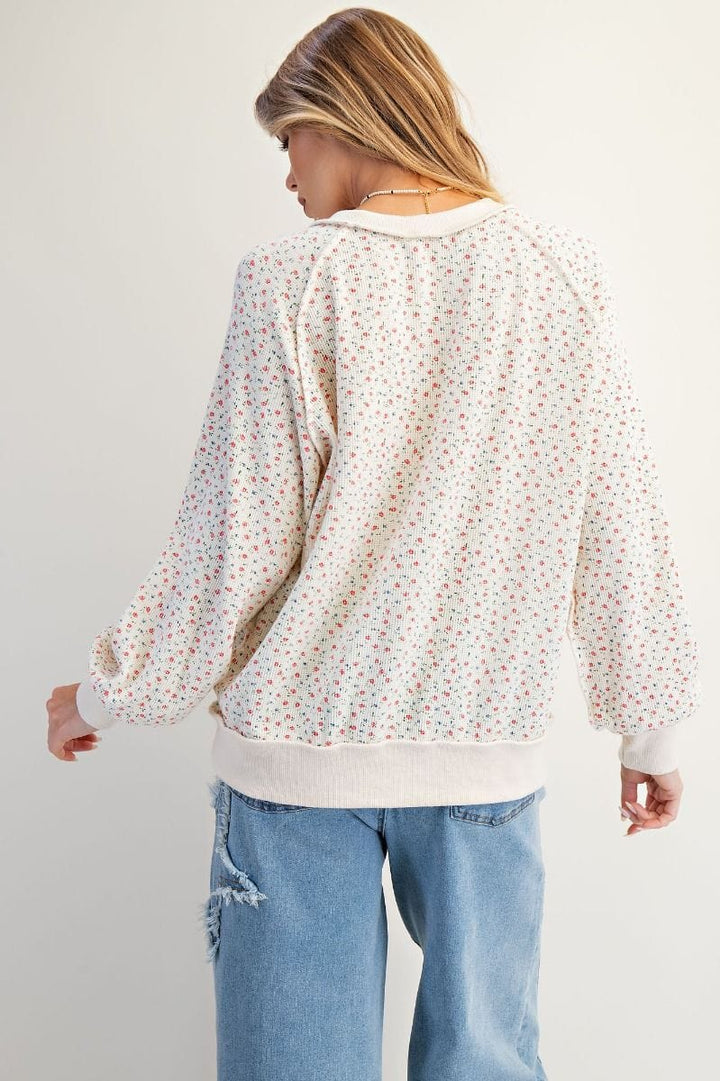 Easel Floral Print Washed Balloon Sleeve Wide Ribbed Hemline Thermal Pullover