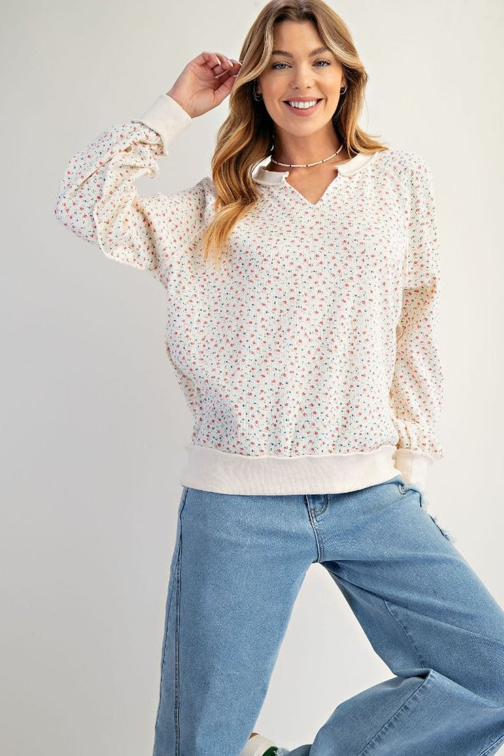 Easel Floral Print Washed Balloon Sleeve Wide Ribbed Hemline Thermal Pullover