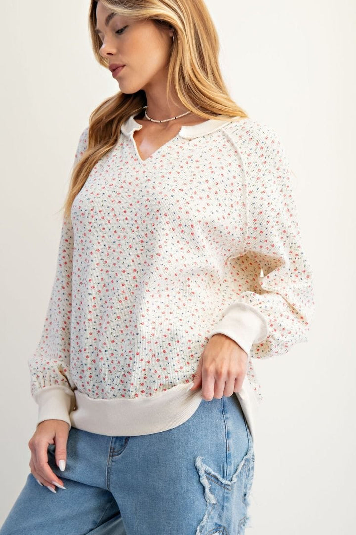Easel Floral Print Washed Balloon Sleeve Wide Ribbed Hemline Thermal Pullover