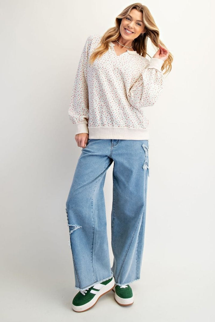 Easel Floral Print Washed Balloon Sleeve Wide Ribbed Hemline Thermal Pullover