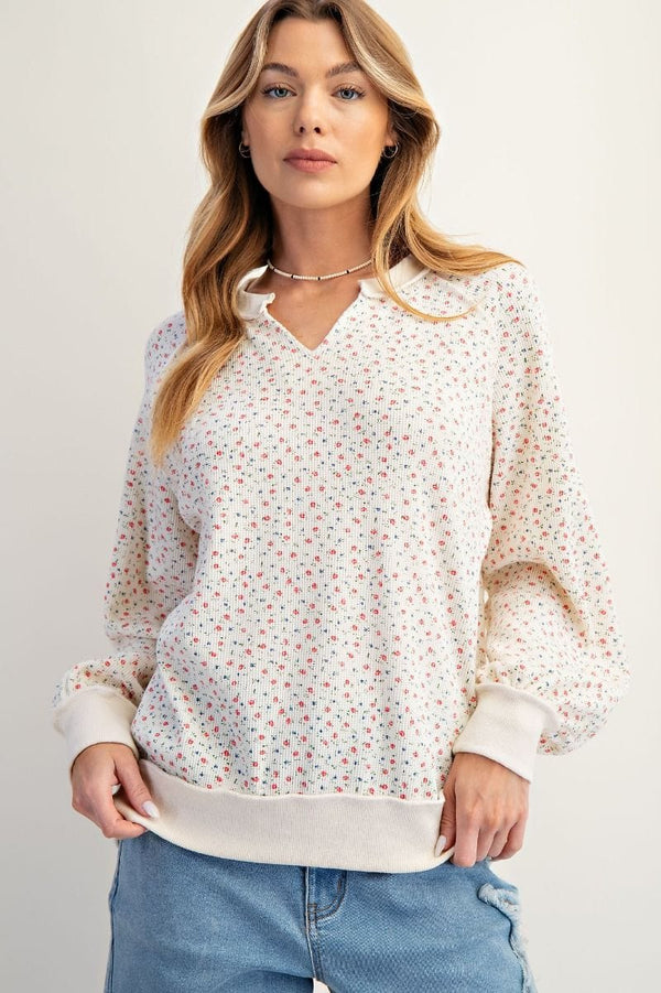 Easel Floral Print Washed Balloon Sleeve Wide Ribbed Hemline Thermal Pullover