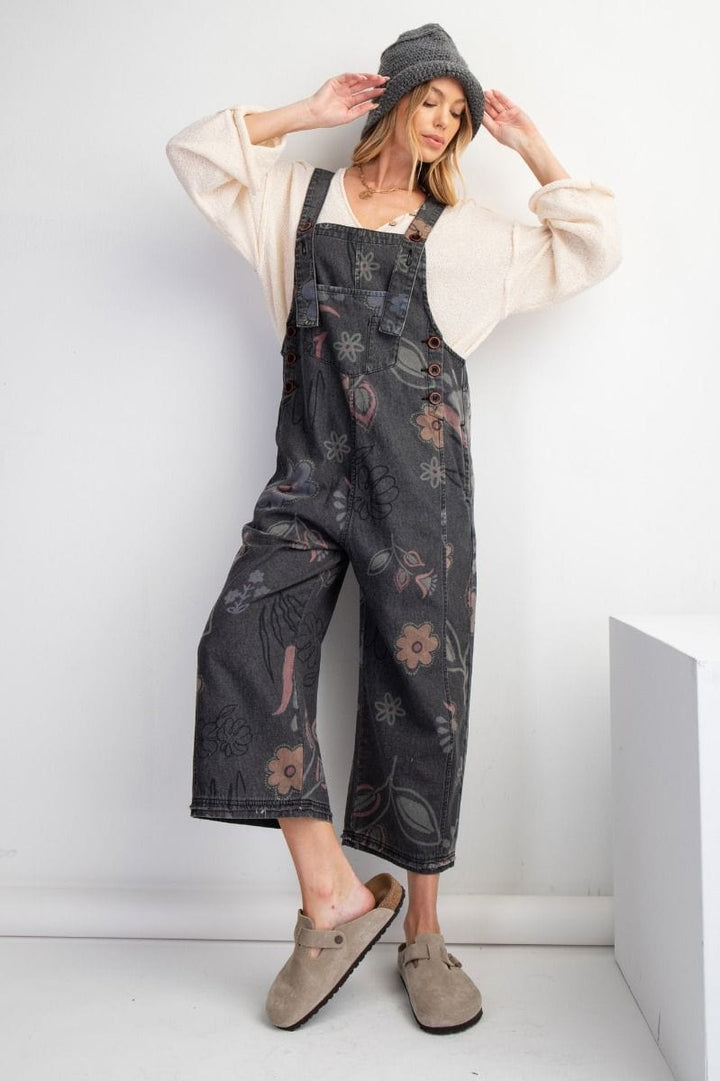 Easel Floral Print Washed Denim Jumpsuit Pants