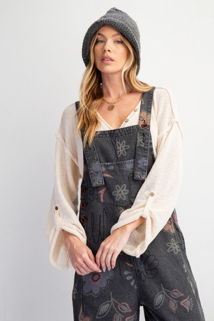 Easel Floral Print Washed Denim Jumpsuit Pants