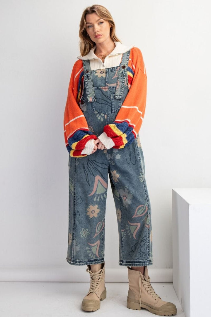 Easel Floral Print Washed Denim Jumpsuit Pants