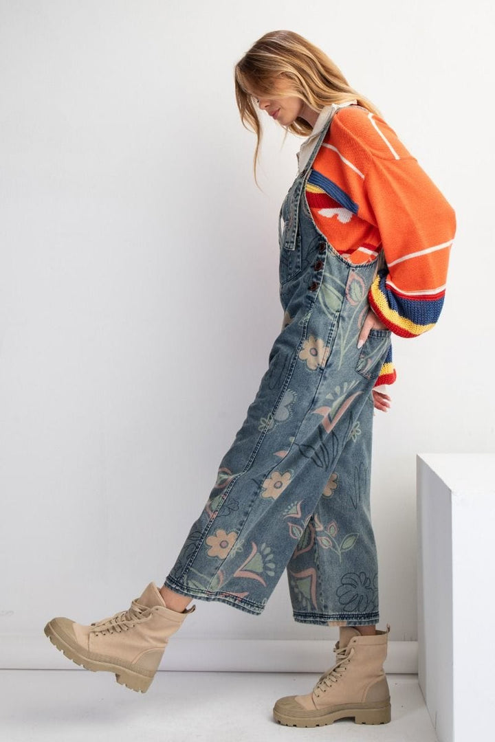 Easel Floral Print Washed Denim Jumpsuit Pants