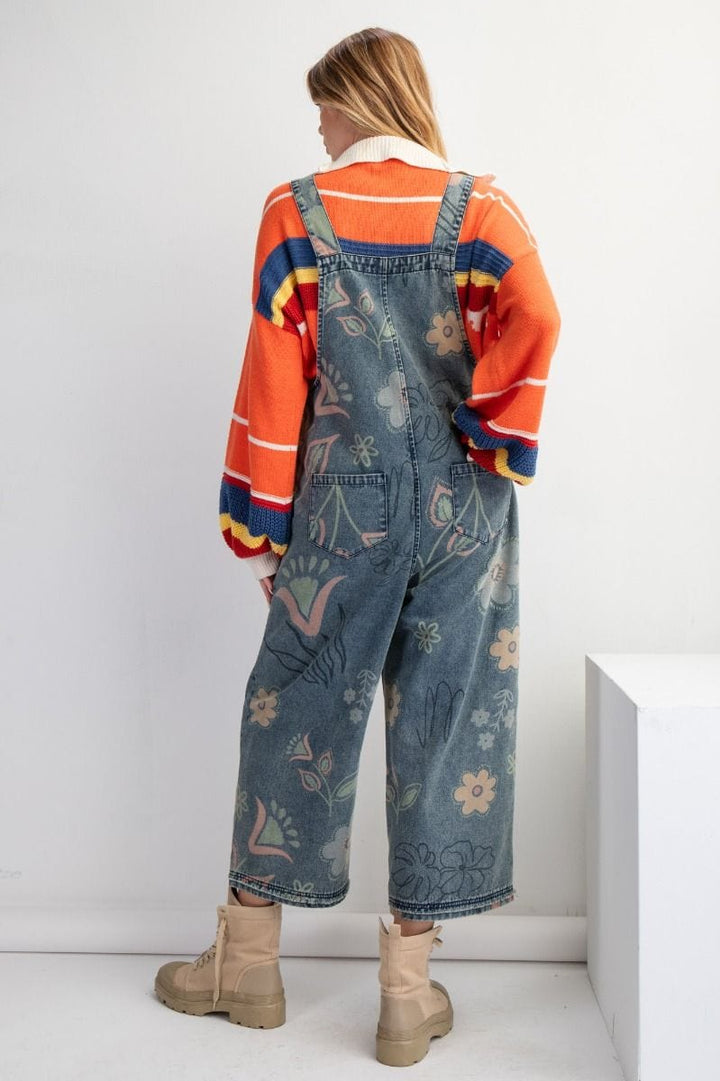 Easel Floral Print Washed Denim Jumpsuit Pants