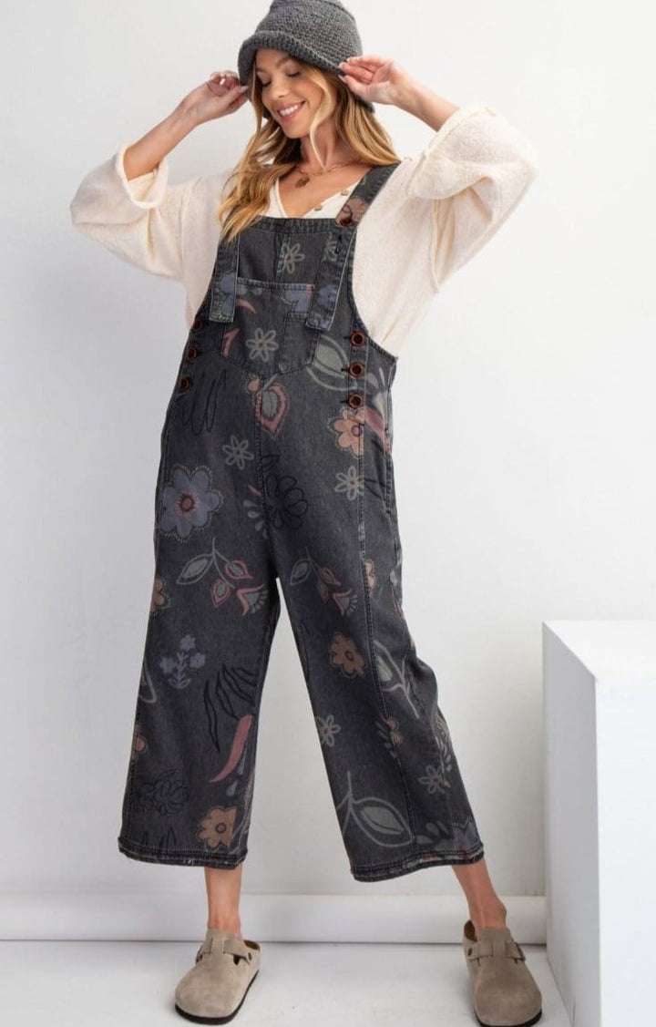 Easel Floral Print Washed Denim Jumpsuit Pants