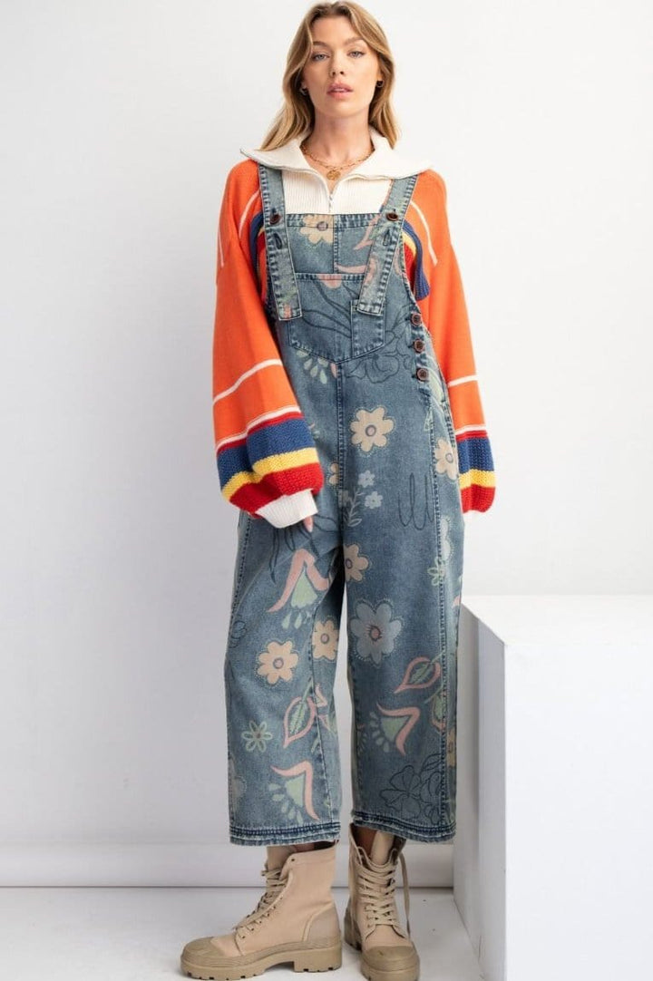 Easel Floral Print Washed Denim Jumpsuit Pants