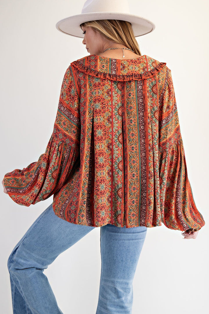 Easel Floral Printed Bohemian Style Round Collar Button Down Front Blouse Top