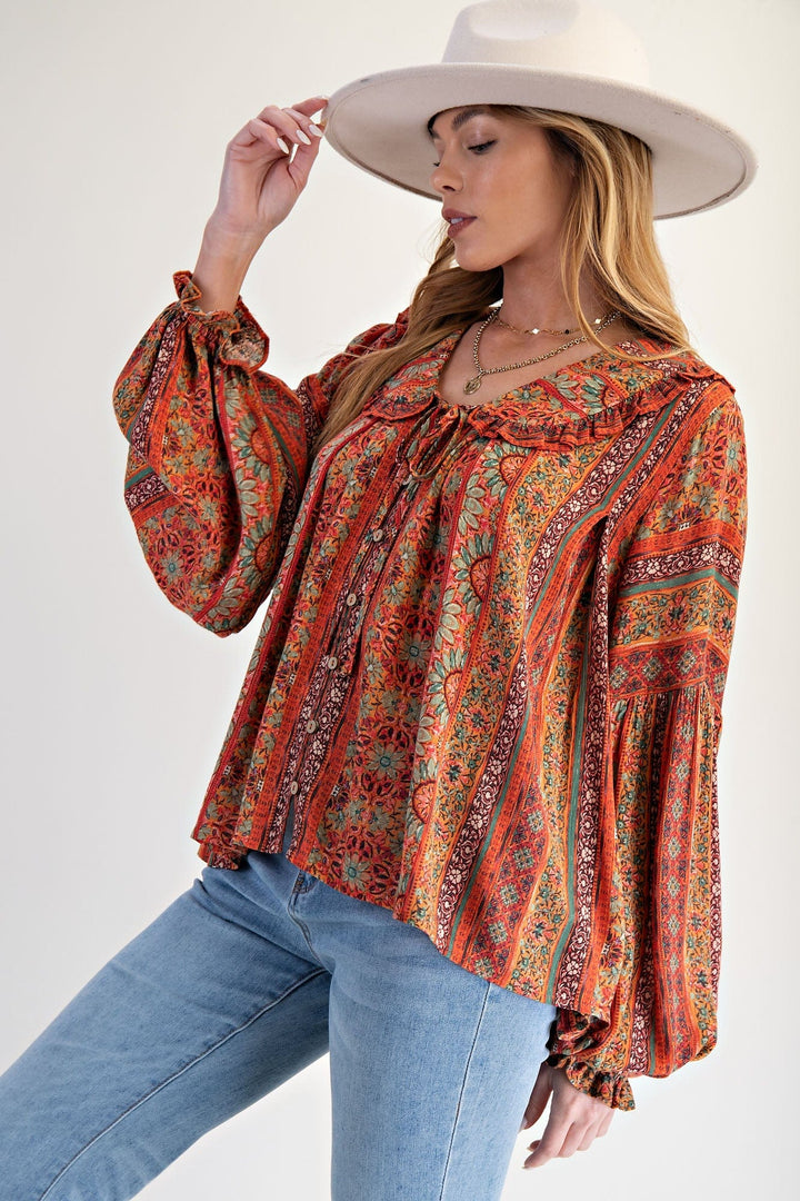 Easel Floral Printed Bohemian Style Round Collar Button Down Front Blouse Top