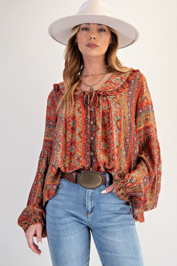 Easel Floral Printed Bohemian Style Round Collar Button Down Front Blouse Top