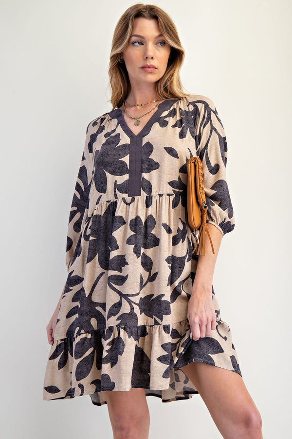 Easel Floral Printed Challis Relaxed Silhouette 3/4 Puff Sleeve Dress