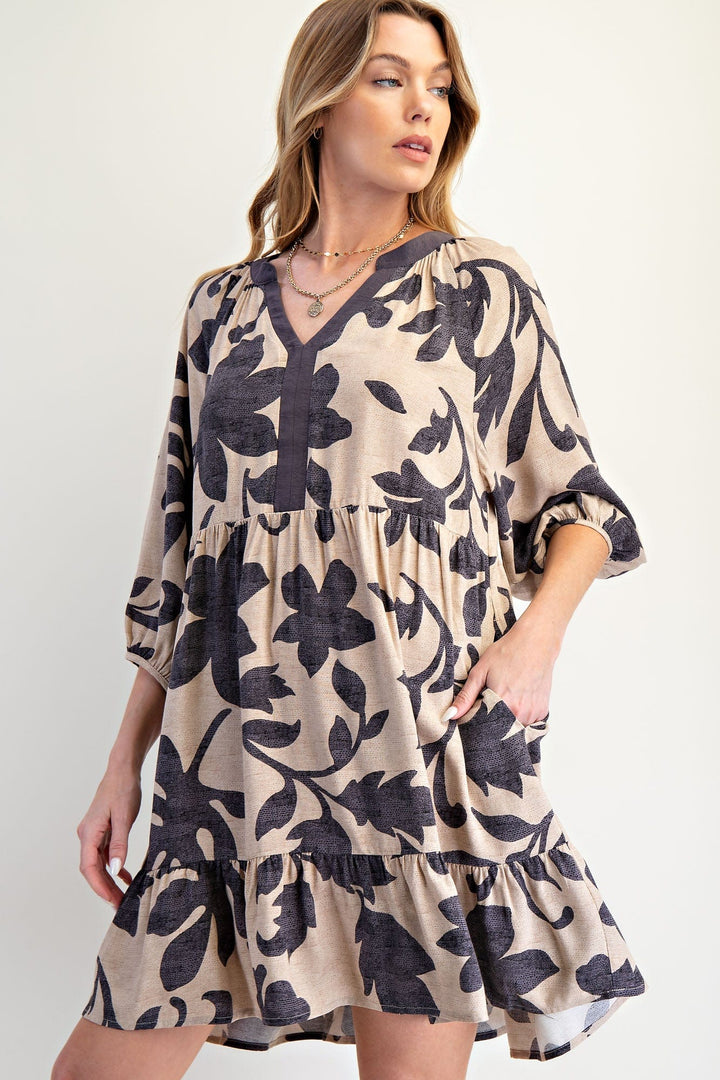 Easel Floral Printed Challis Relaxed Silhouette 3/4 Puff Sleeve Dress