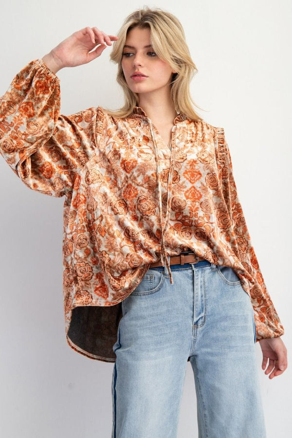 Easel Floral Printed Ruffle Neck and Shoulders Velvet Top