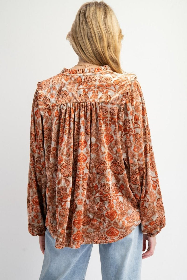 Easel Floral Printed Ruffle Neck and Shoulders Velvet Top