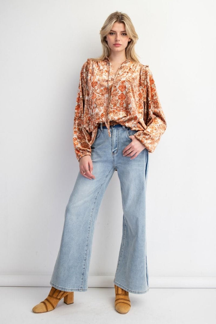 Easel Floral Printed Ruffle Neck and Shoulders Velvet Top