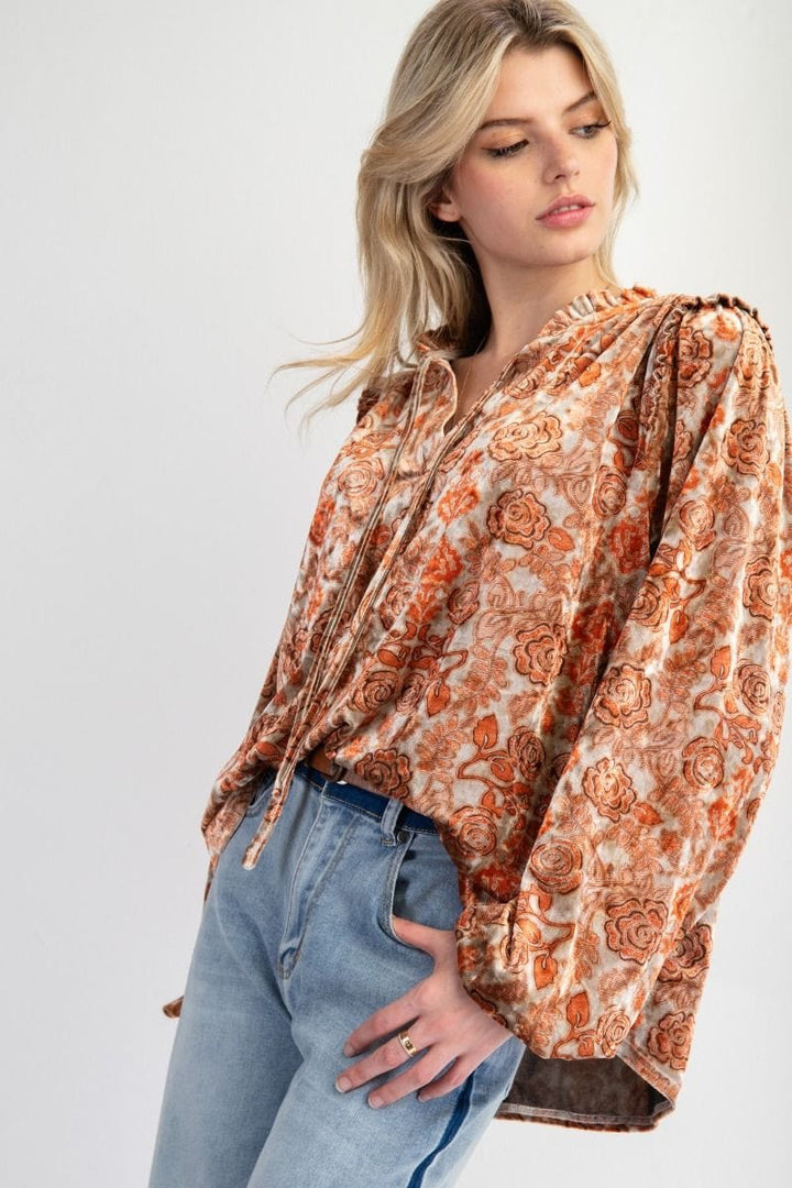 Easel Floral Printed Ruffle Neck and Shoulders Velvet Top