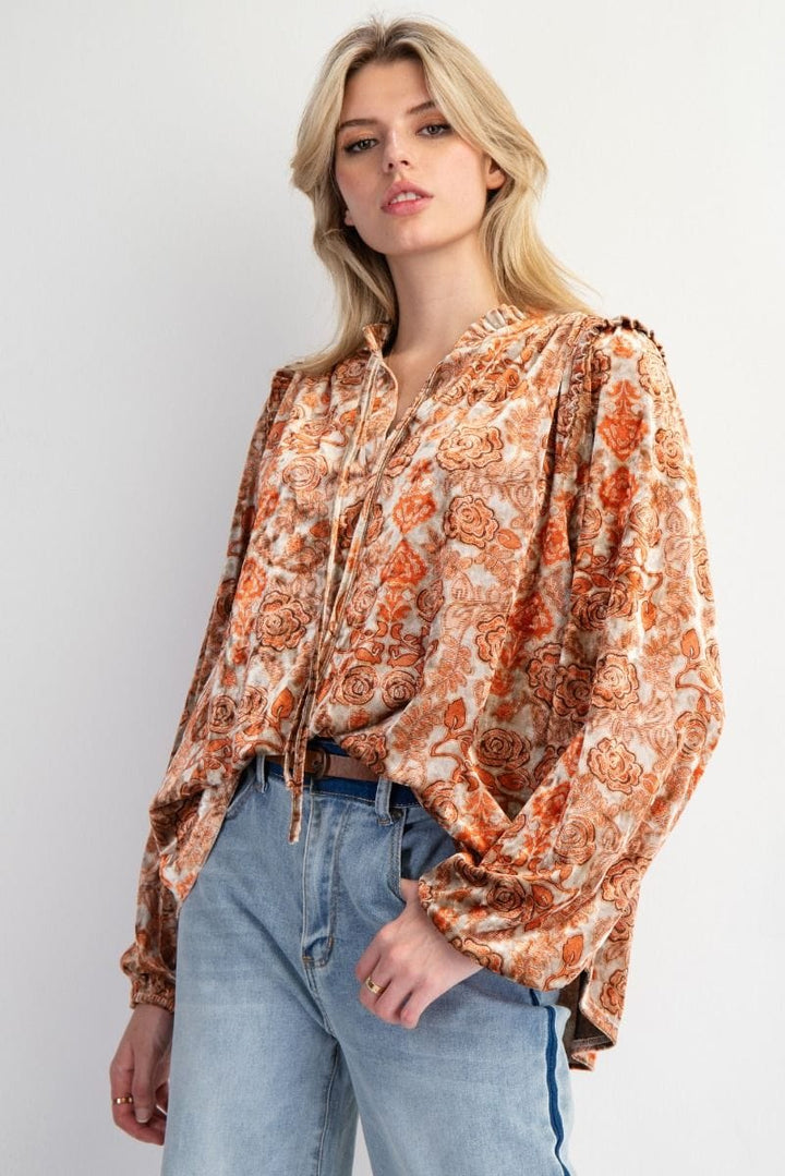 Easel Floral Printed Ruffle Neck and Shoulders Velvet Top