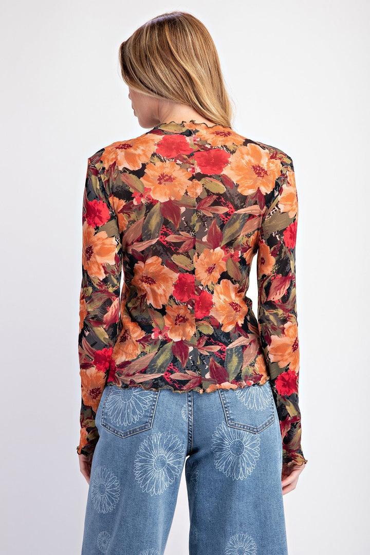 Easel Floral Printed Ruffle Neck and Sleeve Mesh Top