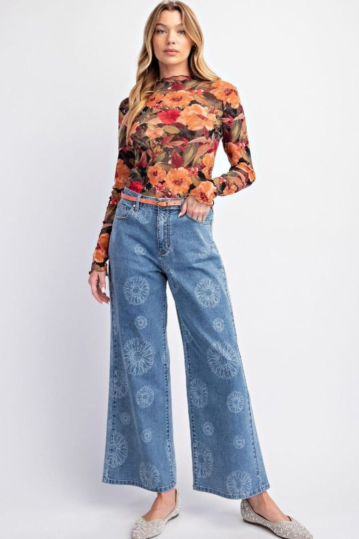 Easel Floral Printed Ruffle Neck and Sleeve Mesh Top