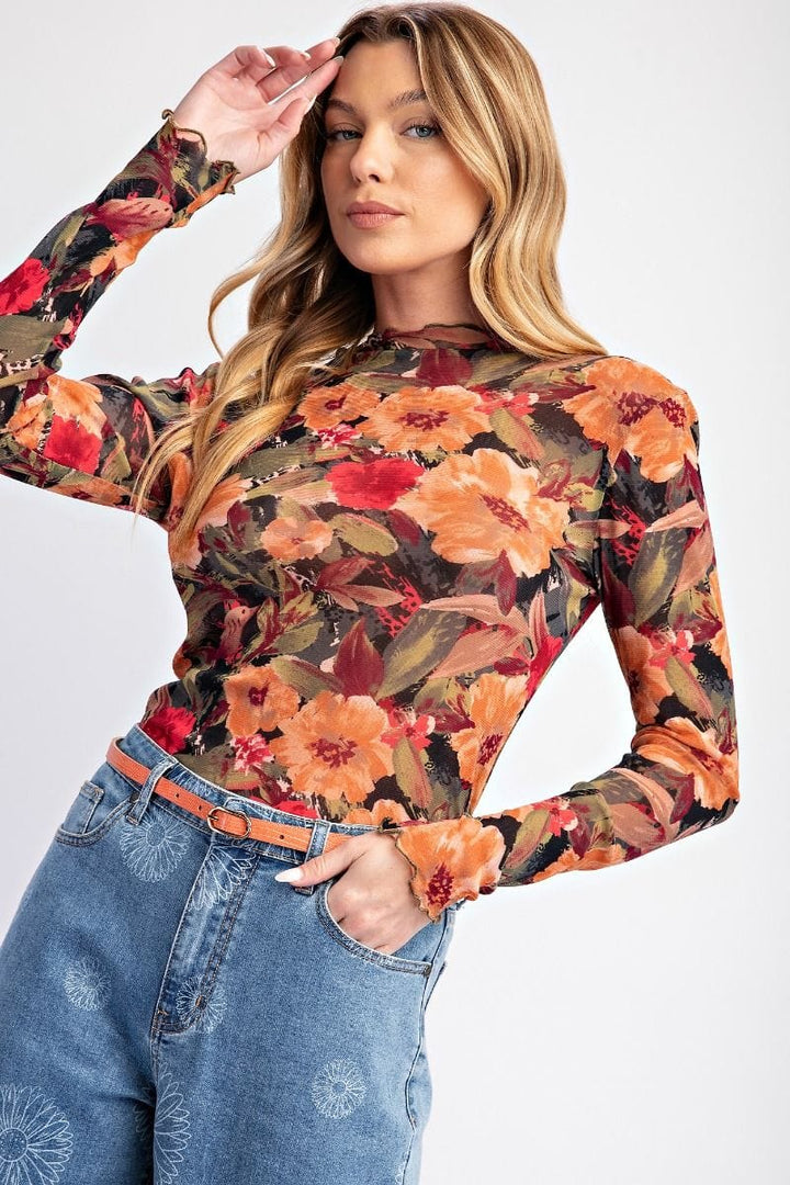 Easel Floral Printed Ruffle Neck and Sleeve Mesh Top