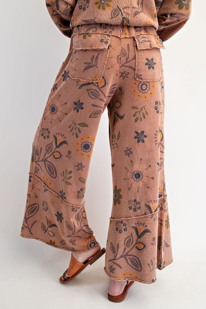 Easel Floral Printed Washed Terry Knit Sweatpants
