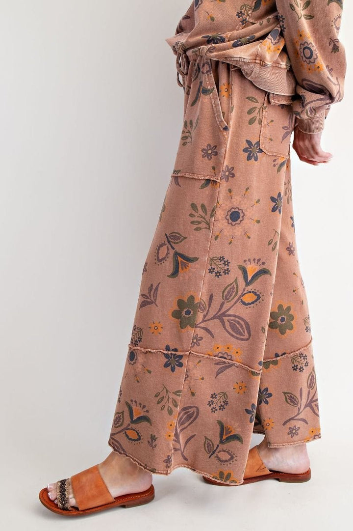 Easel Floral Printed Washed Terry Knit Sweatpants