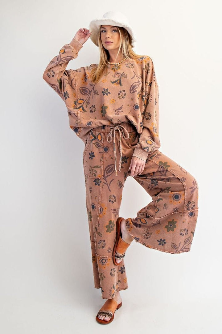 Easel Floral Printed Washed Terry Knit Sweatpants