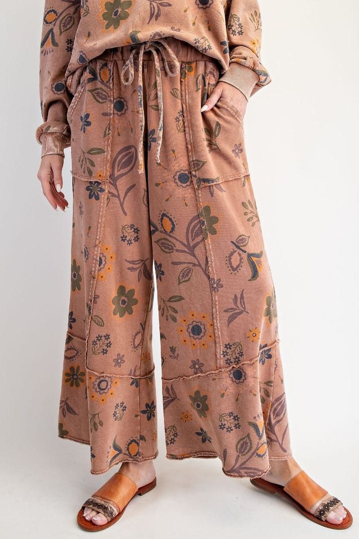 Easel Floral Printed Washed Terry Knit Sweatpants