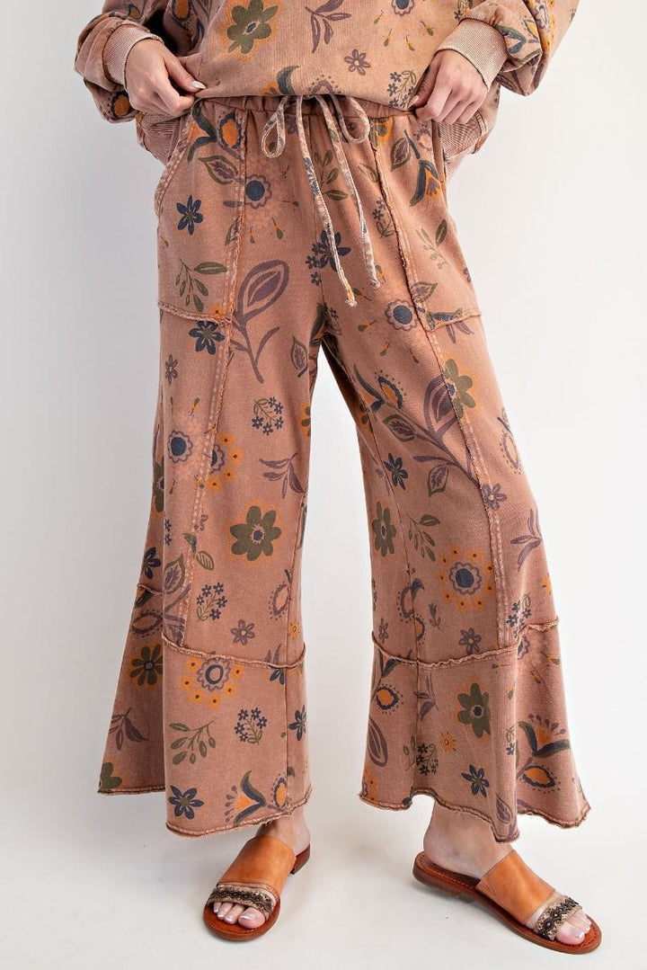 Easel Floral Printed Washed Terry Knit Sweatpants