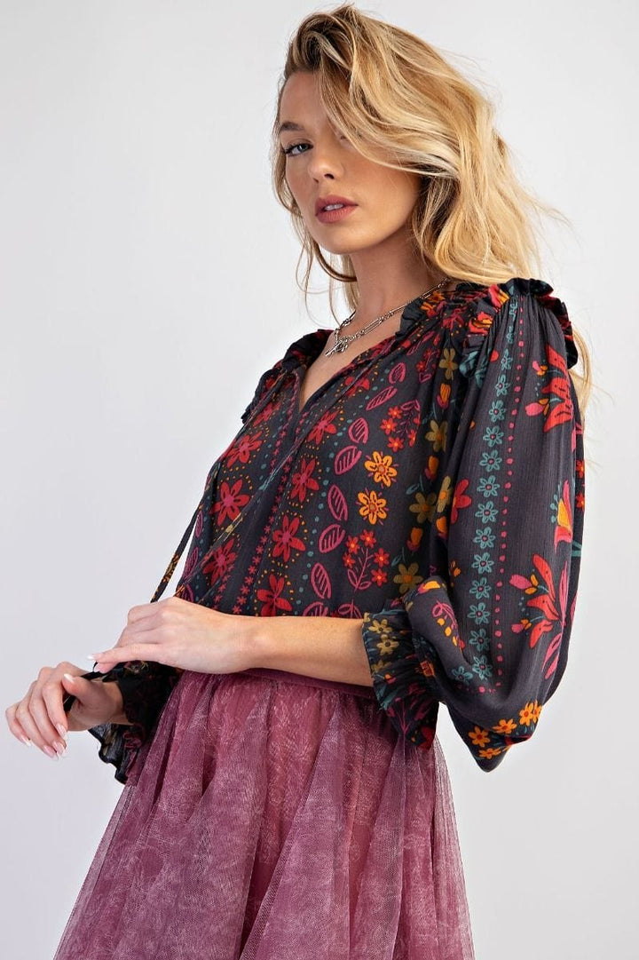 Easel Floral Printed Woven Gauze Blouse with Self Tie Split Neck