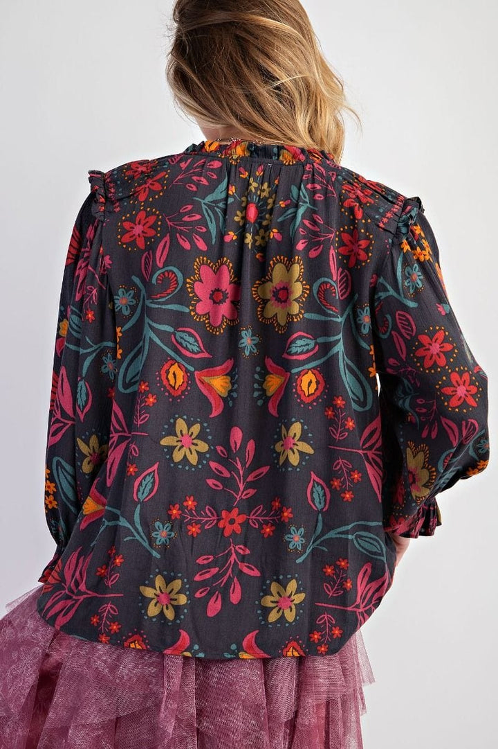 Easel Floral Printed Woven Gauze Blouse with Self Tie Split Neck