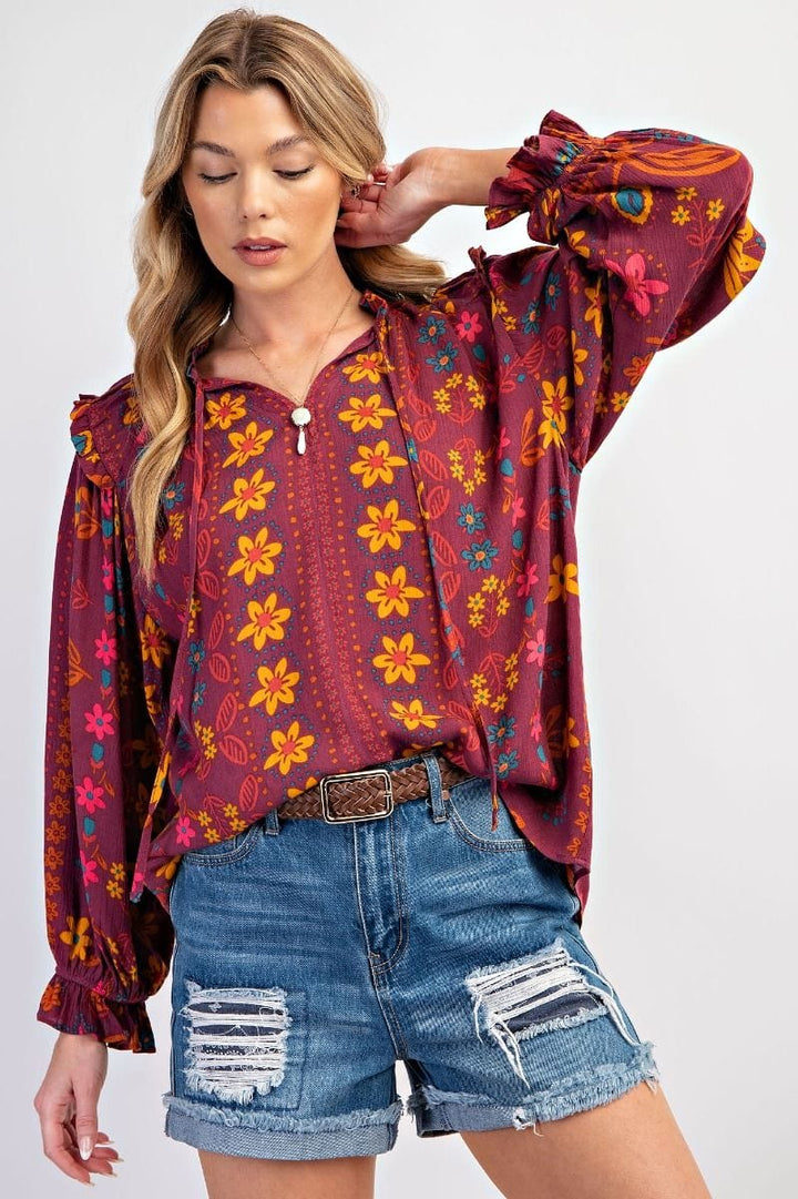 Easel Floral Printed Woven Gauze Blouse with Self Tie Split Neck