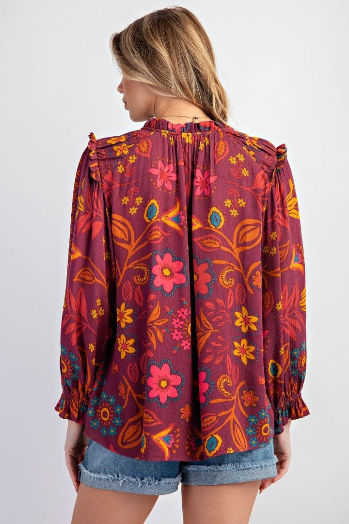 Easel Floral Printed Woven Gauze Blouse with Self Tie Split Neck