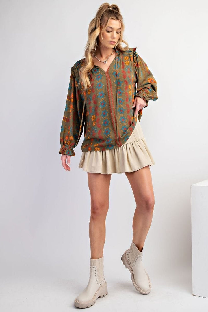 Easel Floral Printed Woven Gauze Blouse with Self Tie Split Neck