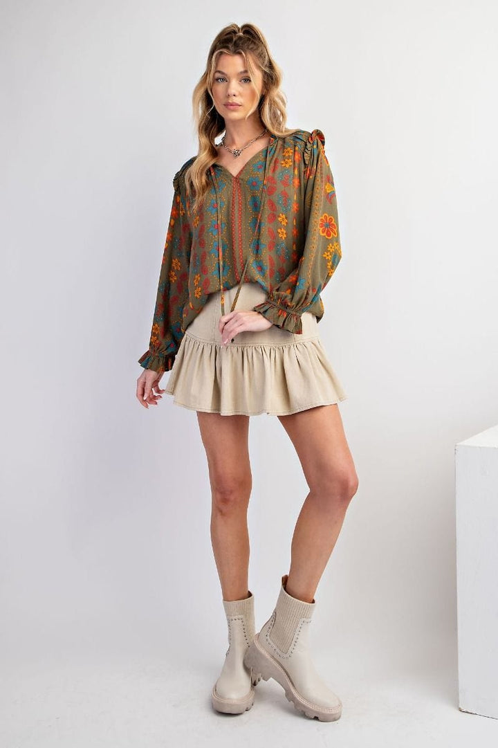 Easel Floral Printed Woven Gauze Blouse with Self Tie Split Neck