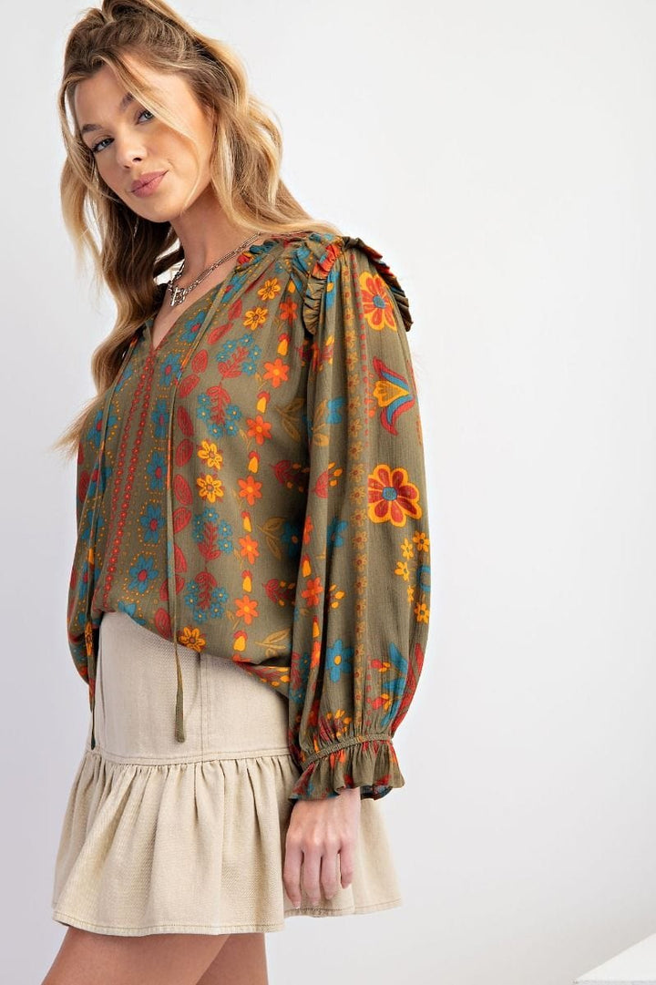 Easel Floral Printed Woven Gauze Blouse with Self Tie Split Neck