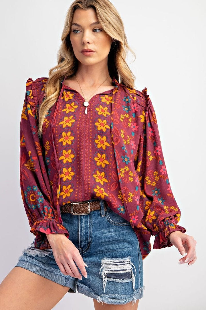 Easel Floral Printed Woven Gauze Blouse with Self Tie Split Neck