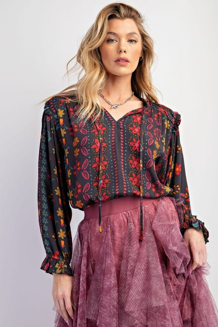 Easel Floral Printed Woven Gauze Blouse with Self Tie Split Neck