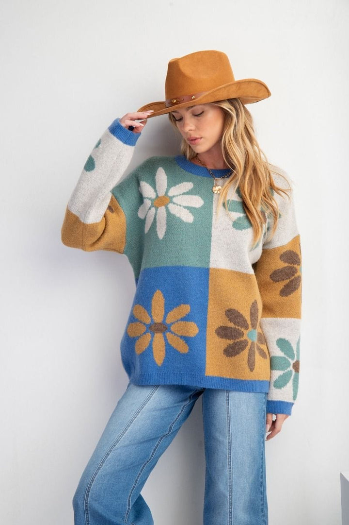 Easel Flower Color Block Knit Sweater Pullover