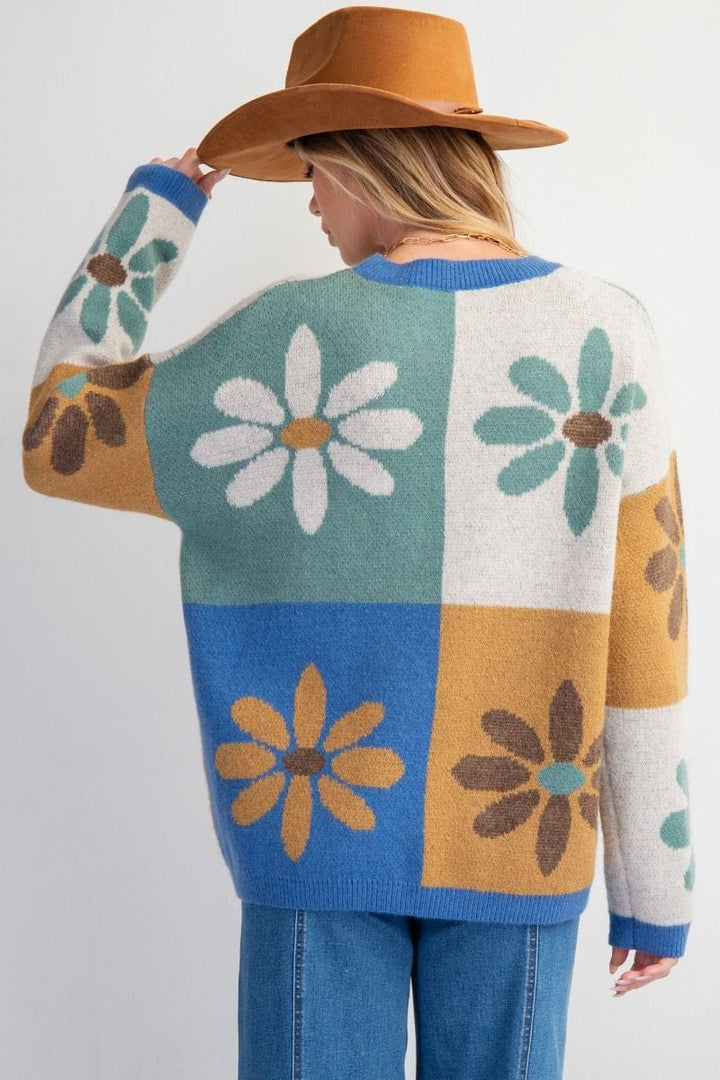 Easel Flower Color Block Knit Sweater Pullover