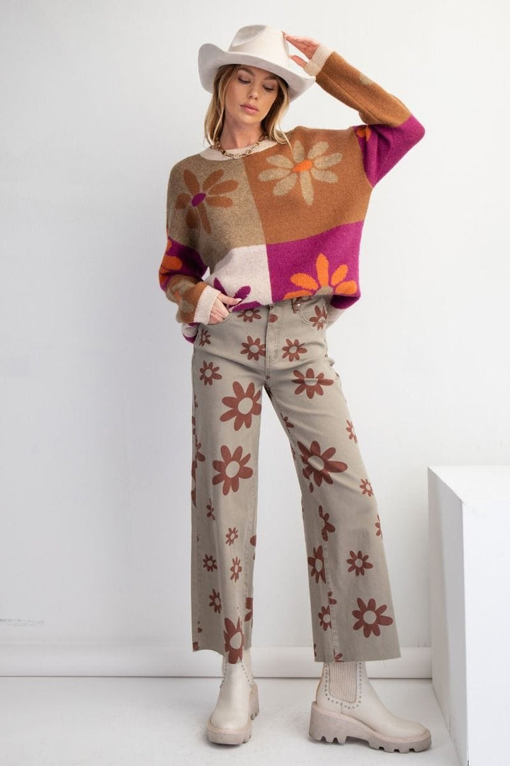 Easel Flower Color Block Knit Sweater Pullover