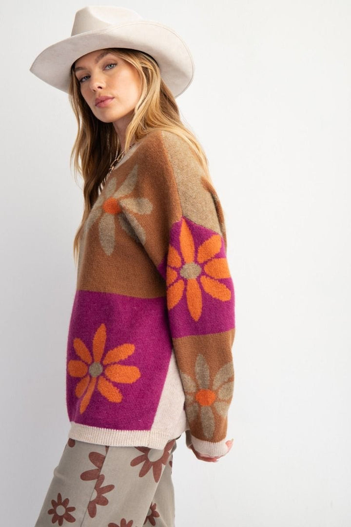 Easel Flower Color Block Knit Sweater Pullover