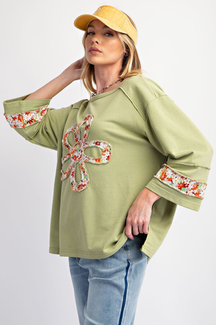 Easel Flower Patch Front Drop Shoulder Terry Knit Top