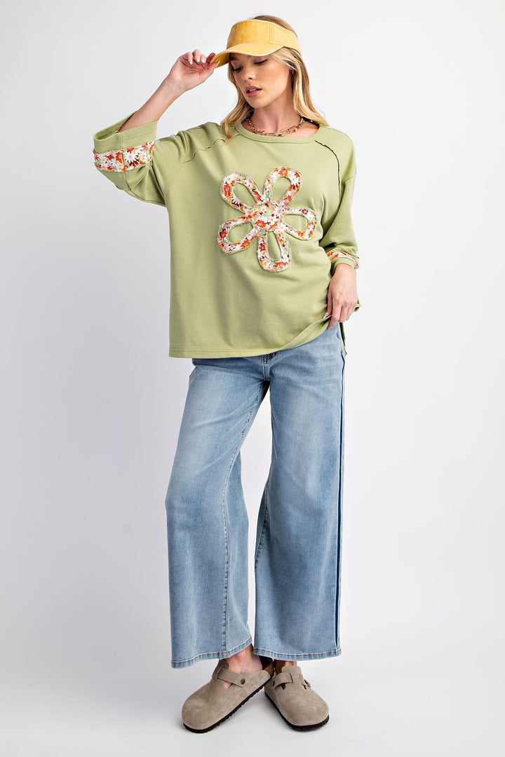 Easel Flower Patch Front Drop Shoulder Terry Knit Top