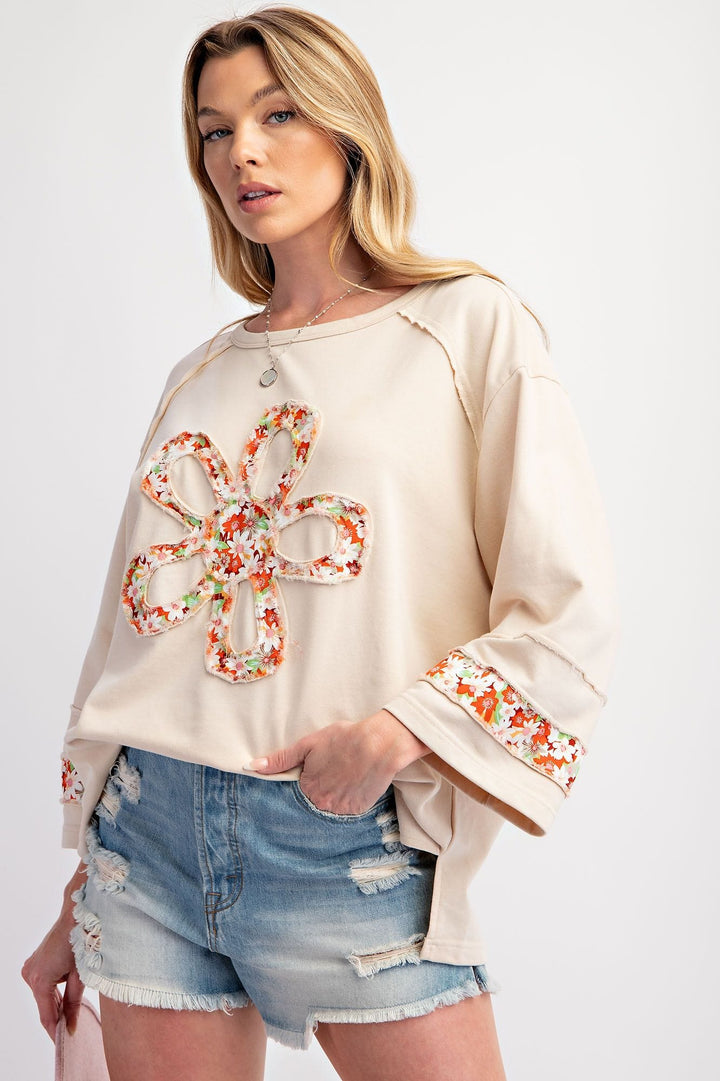 Easel Flower Patch Front Drop Shoulder Terry Knit Top