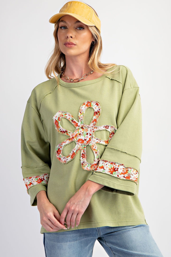 Easel Flower Patch Front Drop Shoulder Terry Knit Top