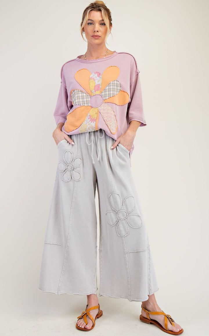 Easel Flower Patch Mineral Washed Wide Leg Terry Knit Pants